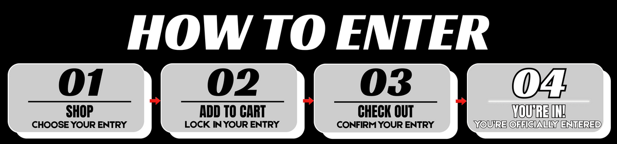 How to enter: 1 Shop, 2 Add to cart, 3 Check out, 4 You're in